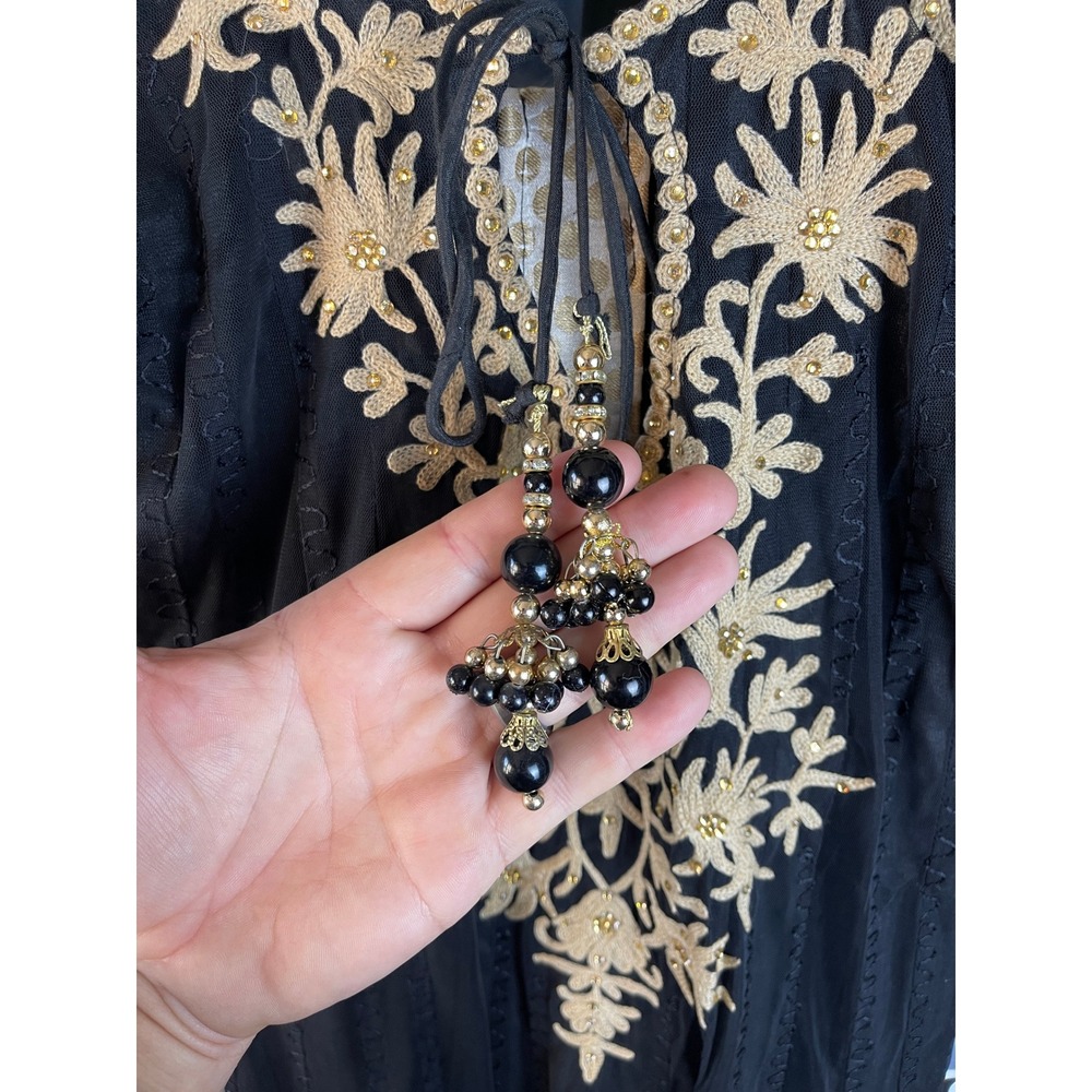 Whimsigoth Fairy Black Gold Embroidered Long Sleeve‎ Maxi Renaissance  Size 27 - Picture 5 of 7